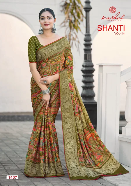 Shanti Vol 14 By Kashvi Bright Moss Foil Printed Saree Collection
